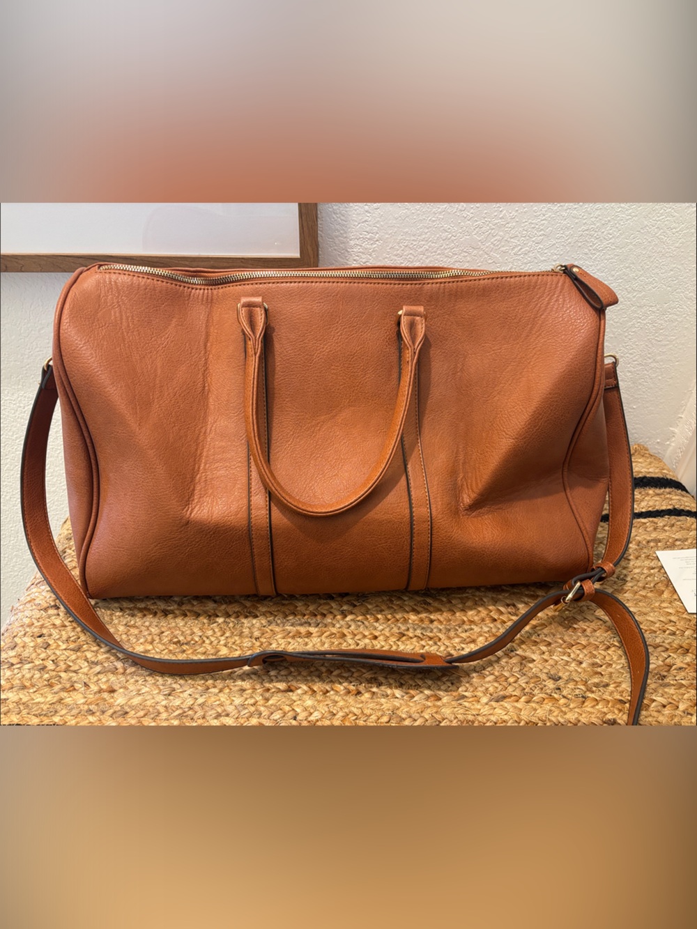Faux Leather Weekender Travel Bag - Cognac Brown